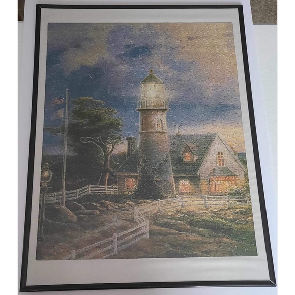 NWOT Thomas Kinkade lighthouse framed jigsaw puzzle wall decor hanging - Picture 5 of 8